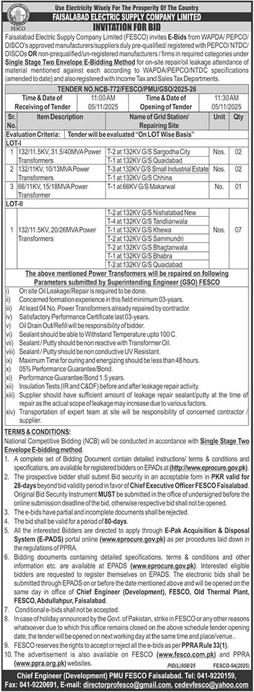 Faisalabad Electric Supply Company Limited Tender Notice